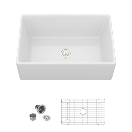 Wrightmaster 30" Apron-Front Farmhouse Single Bowl White Ceramic Kitchen Sink w/Bottom Grids and Basket Strainer ZOR-AW302010DS