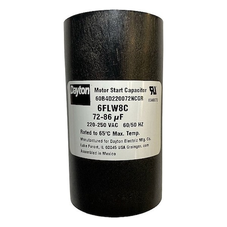 Dayton Motor Start Capacitor, 72-86 MFD, 220-250V 6FLW8