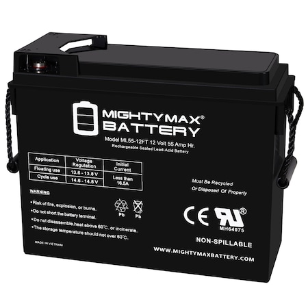 Mighty Max Battery ML55-12FT - 12 Volt 55 AH, Front Terminal, Rechargeable SLA AGM Battery MAX4134107