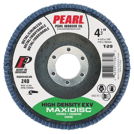 Pearl EXV Zirconia Maxidisc High Density Flap Disc 4-1/2 in. x 7/8 Z40 T-29 MAX4540ZJ9E