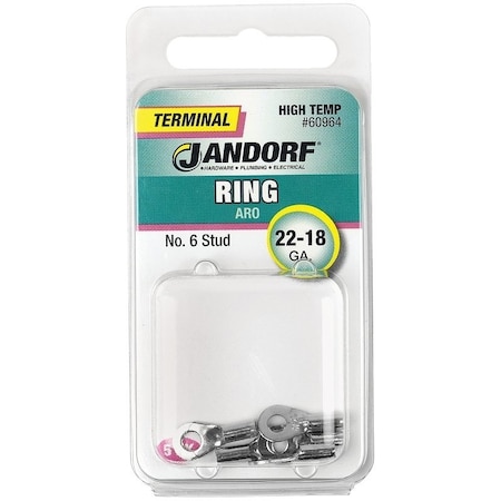 Jandorf Ring Terminal, 22 to 18 AWG Wire, No 6 Stud, Copper Contact, 5PK 60964