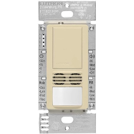 Lutron Wall Mount Sensor, Occupancy, Vacancy, Hard Wired, Ivory, 900 sq ft, Fluorescent, Halogen, Incandescent, LED MS-B102-IV