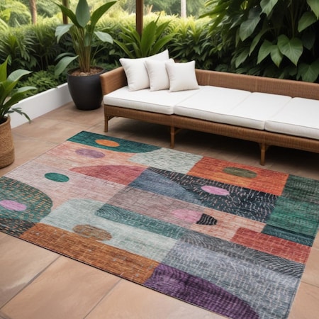 Homeroots 9' X 12' Orange Purple And Green Geometric Washable Indoor Outdoor Area Rug 604424