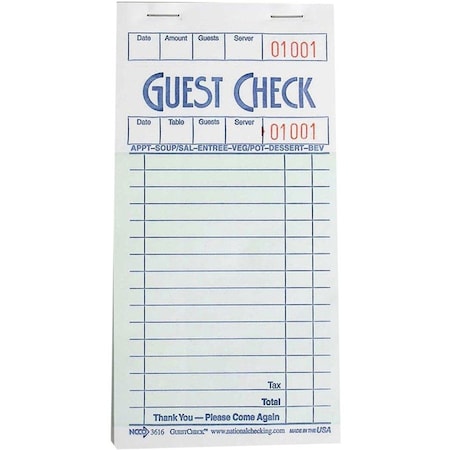 National Checking Company 1 Part 16 Line Green Guest Checks, PK5000 G3616