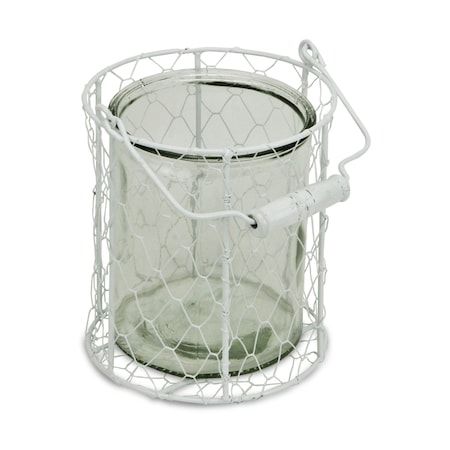 Homeroots 6" White and Clear Wire Basket and Glass Jar 488163
