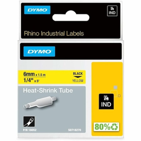 Dymo RHINO (R) Heat Shrink Tube Label 1/4" x 60"H, Black on Yellow 18052