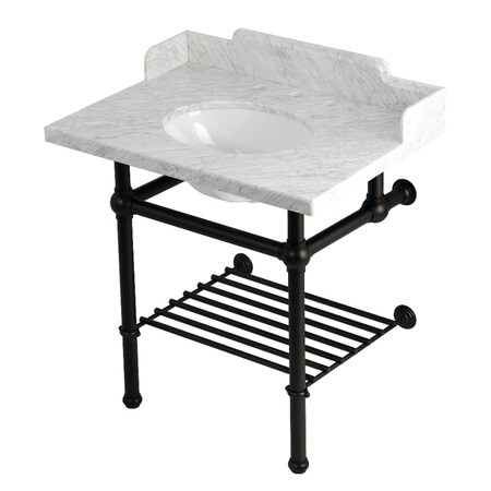 Kingston Brass 30-Inch Carrara Marble Console Sink with Brass Legs and Shelf, 8-Inch, 3-Hole LMS3030MBB5