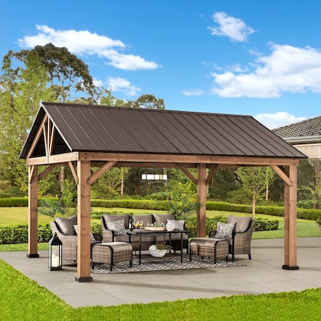 Sunjoy 13 ft. x 15 ft. Cedar Framed Gazebo with Brown Steel Gable Roof Hard Top A102008100