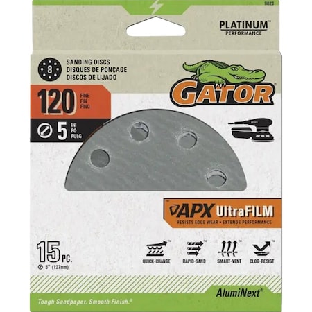 Gator Blade 5'' 120-Grit 8-Hole Pattern Vented Sanding Disc with Hook & Loop Backing, 15PK 9023