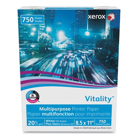 Xerox Vitality Multipurpose Print Paper, 92 Bright, 20 lb, 8.5 x 11, White, 750PK 3R20195