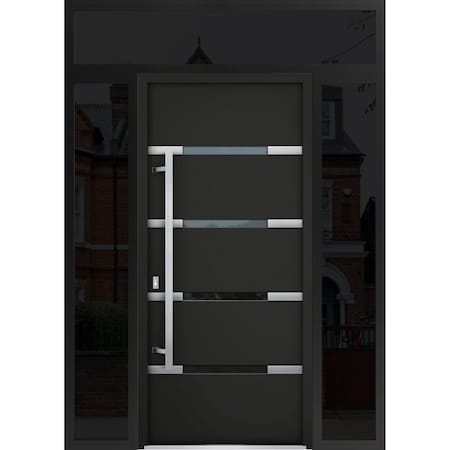 Vdomdoors Steel Door Deux 1105 Black Enamel 2 Sidelight and Transom Window Sidelite Stainless Inserts Entry D DEUX1105EXD-BLK-W14+36+14xH80+16-RH-O