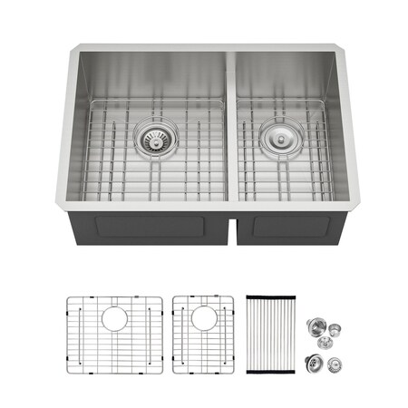 Wrightmaster 30 in. Undermount 16-Gauge Double Bowl Stainless Steel Workstation Kitchen Sink with Bottom Grids ZOR-UX301910A2-64