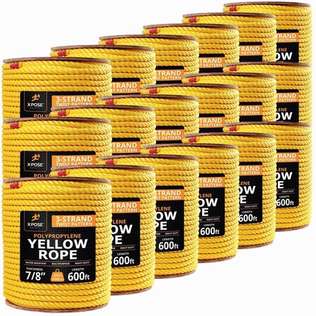 Xpose Safety 7/8in x 600 ft Twisted Polypropylene Rope, Yellow, 18PK YPR78-600-18-X