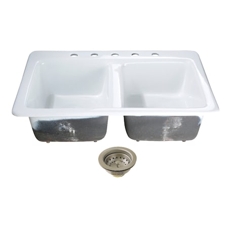 Kingston Brass 33-Inch Cast Iron Self-Rimming Double Bowl Drop-In Kitchen Sink, 5-Hole with Basket Strainers x 2 KGT33229D58