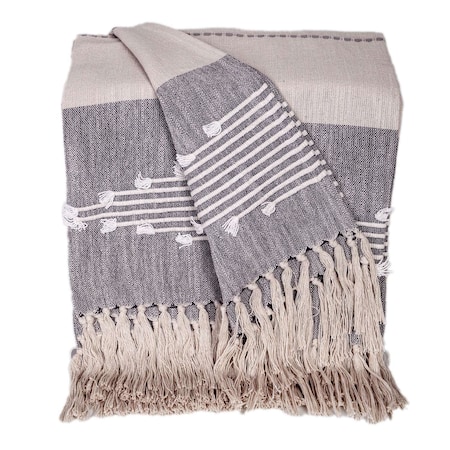 Homeroots 50" X 60" Ivory and Gray Woven Cotton Striped Throw Blanket with Fringe and Embroidery 548938
