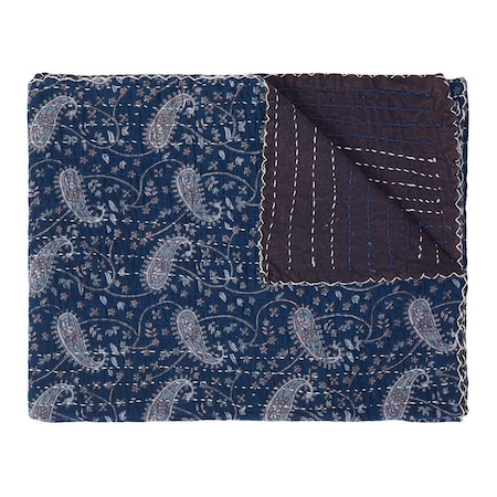 Homeroots 50" X 70" Blue and Gray Kantha Cotton Paisley Throw Blanket with Embroidery 332338