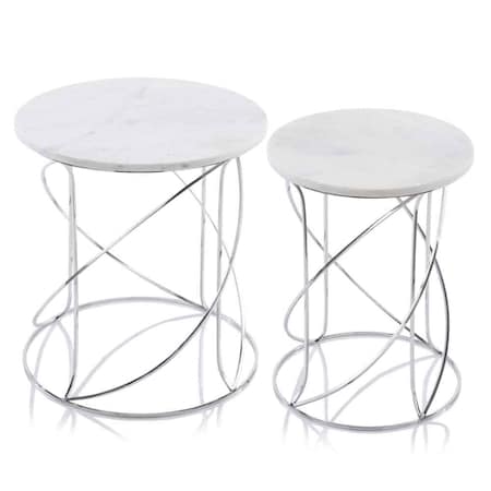 Homeroots Set of Two White and Silver Marble and Metal Round Pedestal End Tables, 2PK 354675