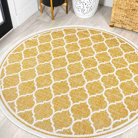 Jonathan Y Trebol Moroccan Trellis Textured Weave Yellow/Cream 5 ft Round Indoor/Outdoor Area Rug SMB109F-5R