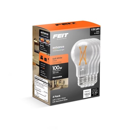 Feit Electric Feit A19 E26 Medium Filament LED Bulb Soft White 100 Watt Equivalence, 4PK A100CL927FIL4GB