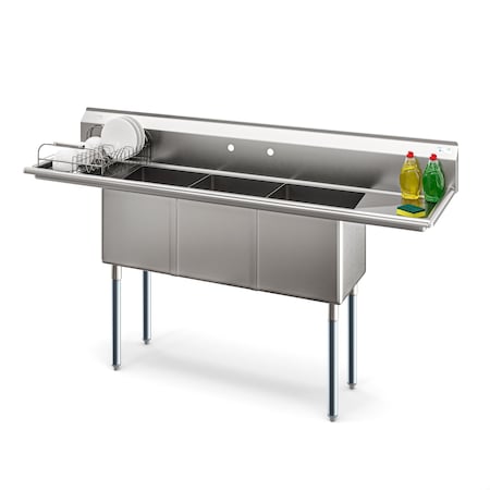 Koolmore 75 in. Three Compartment Sink, Bowl Size 15x15x14, 16 Gauge Stainless-Steel with 2 Drainboards KM-SC151514-15B316