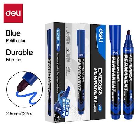 Deli EVERYU Permanent Marker, Bullet Tip, Blue, Waterproof, 12PK EU216-BL