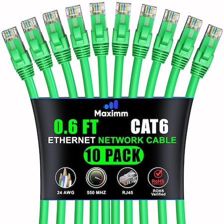Maximm Cat6 Ethernet Cable 0.6ft 10Gbps 550MHz UTP, 10PK, Green, 10PK CAT6-CCA-0.6FTGREEN-10PK