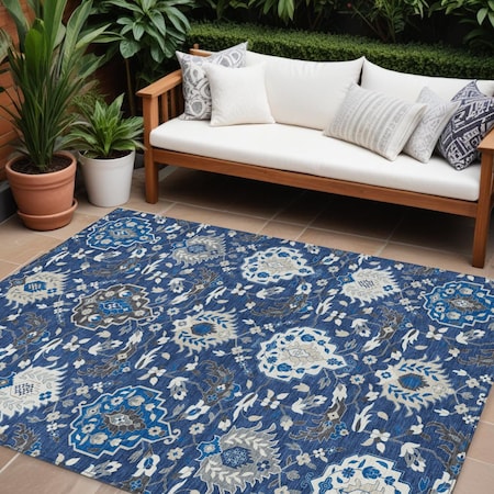 Homeroots 10' X 14' Navy Blue Charcoal And Ivory Damask Washable Indoor Outdoor Area Rug 599441