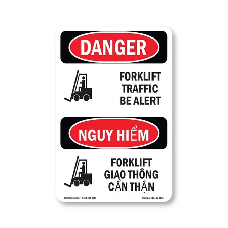 Safety Sign, OSHA Danger, 14" Height, Aluminum, Forklift Traffic Bilingual