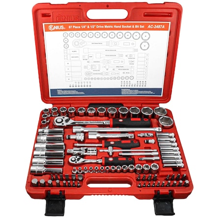 Genius Tools 87 PC 1/4 & 1/2inDr. Metric Hand Socket & Bit Set AC-2487A
