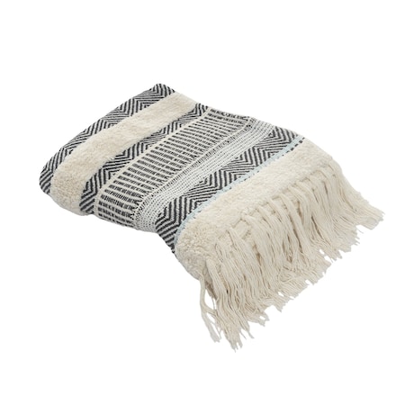 Homeroots 60" X 50" Cream Woven Cotton Herringbone Throw Blanket with Fringe 516625