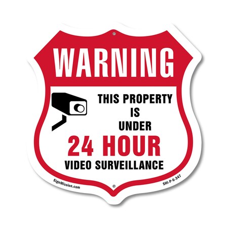 Signmission 24 Hour Surveillance Shield Sign Warning, 6 Inch X 6 Inch, Plastic Sign SHI-P-6-347