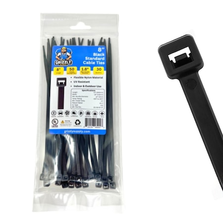 Grizzly Supply Cable Tie, 8 in L, 50 lb Strength, 2.2 in Max Bundle Dia, Nylon 6/6, UV Resistant, Black, 30PK GS-S8-50-0T