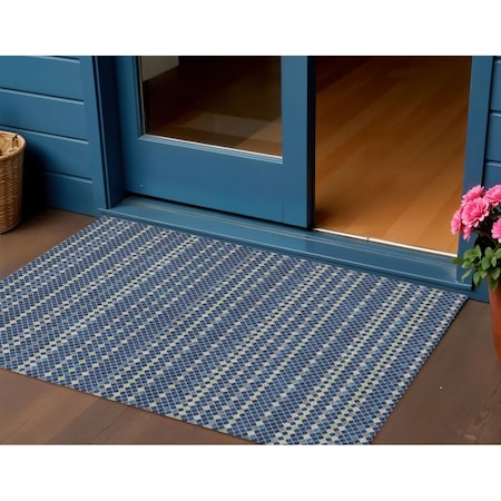 Homeroots 3' X 5' Navy Blue And Mint Green Striped Washable Indoor Outdoor Area Rug 610546