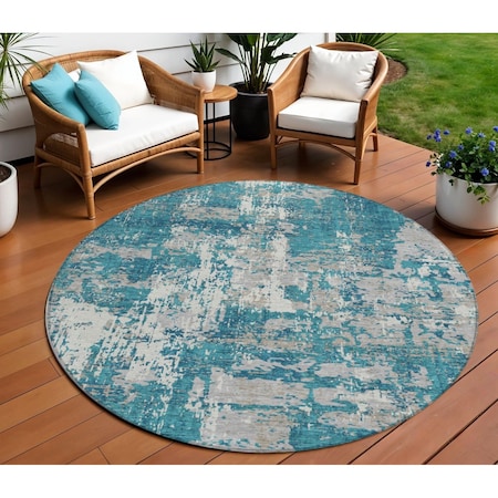Homeroots 8' Teal Blue Gray And Ivory Round Abstract Washable Indoor Outdoor Area Rug 598000
