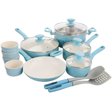 Spice By Tia Mowry Savory Saffron 16 Piece Ceramic Nonstick Cookware Set in Blue 96283.16RR