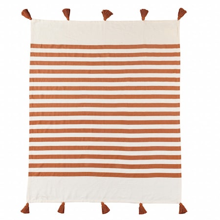 Homeroots 50" X 60" Orange Woven Cotton Striped Throw Blanket with Tassels 516555