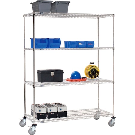 Global Industrial Nexel 4 Shelf Truck, Stainless Steel, 54"Wx18"Dx69"H, Polyurethane Swivel Casters, 2 Brakes 189446AB