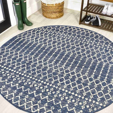 Jonathan Y Ourika Moroccan Geometric Textured Weave Navy/Beige 8 ft Round Indoor/Outdoor Area Rug SMB108K-8R