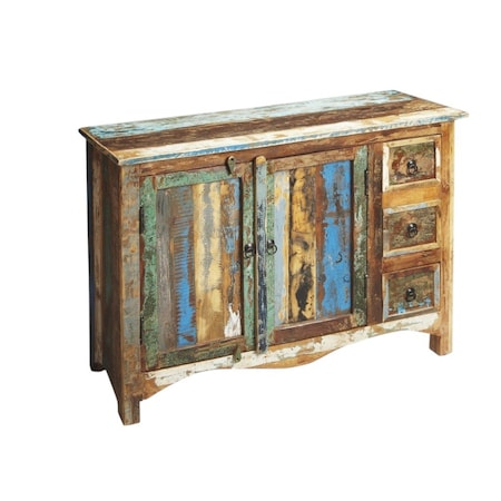 Homeroots 44in Brown Green and Gray Solid Wood Three Drawer Sideboard with Two Doors 389708