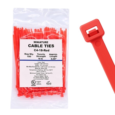 Cable Ties Unlimited Cable Tie, 4 in L, 18 lb Strength, 1 in Max Bundle Dia, Nylon 6/6, Red 100PK C4-18-Red