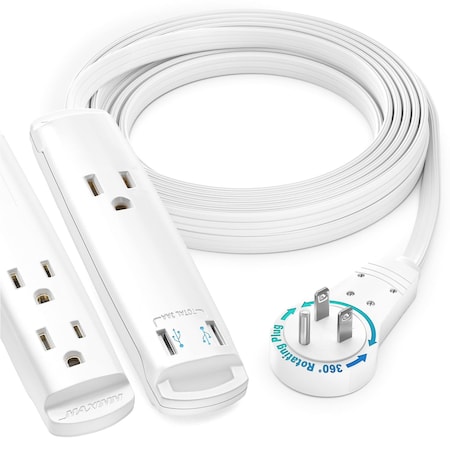 Maximm 12ft 3-Outlet 360 degrees Flat Plug Extension Cord w/ USB Ports, UL, White ADW-360-C212-W