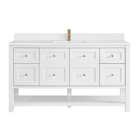 James Martin Vanities 60 in. Single Vanity, Bright White, w/Single Hole 3 CM White Zeus Quartz Top & Backsplash 330-V60S-BW-1WZ