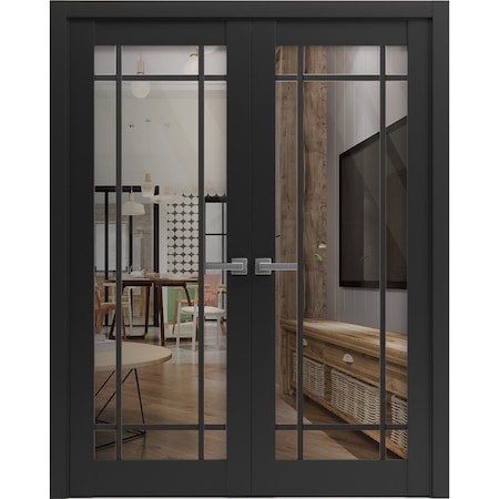Sartodoors Solid French Double Doors Clear Glass, Lucia 2266 Matte Black and Aluminum Strips, Wood Solid Pane LUCIA2266DD-BLK-72 x 80 (2* 36x80)-Butterfly