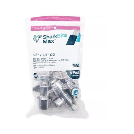 Sharkbite 1/2''x3/8'' Compression Brass Straight Stop Valve, 4PK UR23037A4