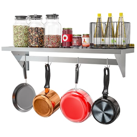 Koolmore 12'' x 48'' 18-Gauge Stainless-Steel Heavy Duty Wall Shelf with Pot Rack, . WMPS-1248