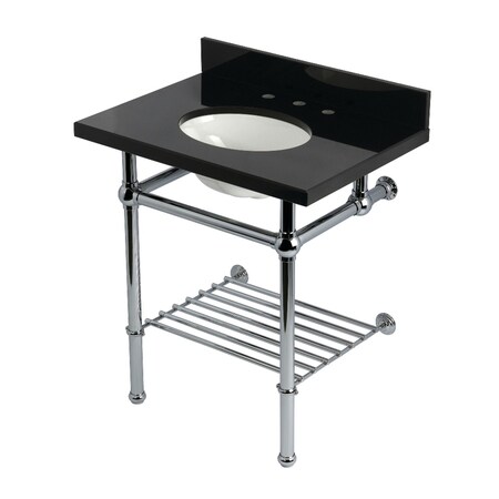 Kingston Brass 30-Inch Black Granite Console Sink with Brass Legs and Shelf, 8-Inch, 3-Hole KVPK30KBB1