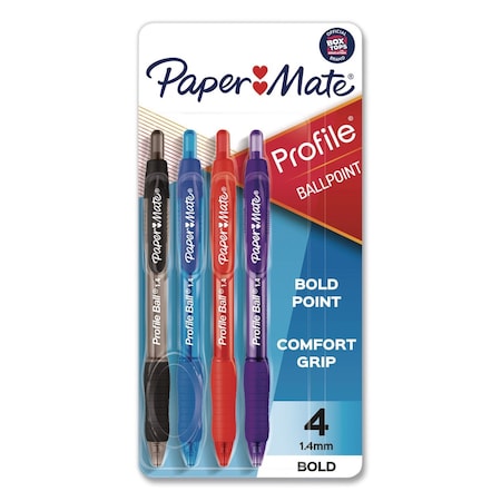 Paper Mate Profile Ballpoint Pen, Retractable, Bold 1.4 mm, Assorted Ink and Barrel Colors, 4PK 1938165