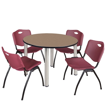 Regency Round Kee Breakroom Table W/ 4 M Stack Chairs, 42 in W, 42 in L, Noble Oak TB42RNDNOBPCM47BY