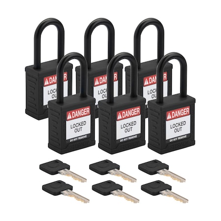 Brady Velocity Lockout Padlocks Nylon 1.5in Clearance KA Plastic Shackle Black 6PK SDPL-BLK-38PL-KA6
