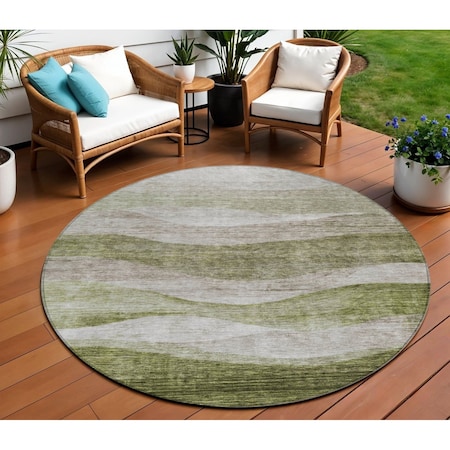 Homeroots 8' Green And Beige Round Abstract Washable Indoor Outdoor Area Rug 604973